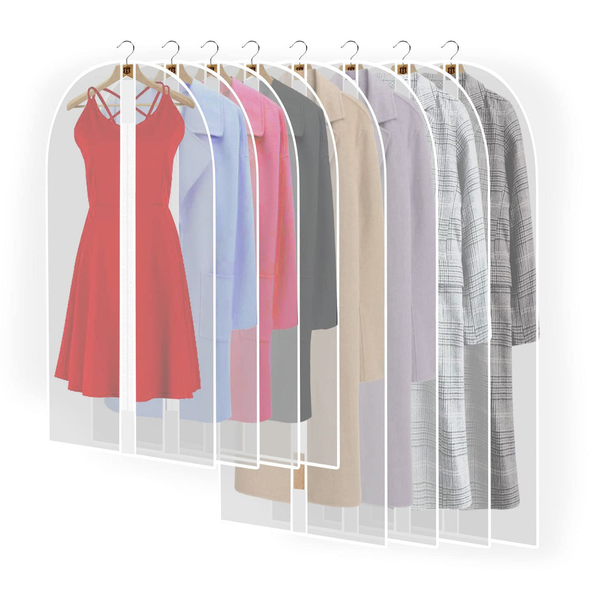 Pwsap 12 Pack Breathable Clothes Covers with Zip, Hanging Garment Covers Bags Dress Bag Covers Moth-Proof Mens Suit Storage Bag Dust Cover for Wardrobe Storage and Travel(Clear)