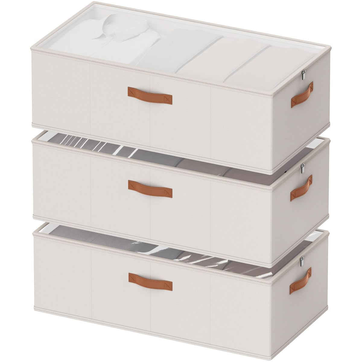 10inch 3 Pack Under Bed Storage Containers, 10 Inch Tall Underbed Clothes Storage Organizer Bin with Clear Window,Foldable Box Basket for Clothes, Closet, Bed Sheets and Blankets Beige