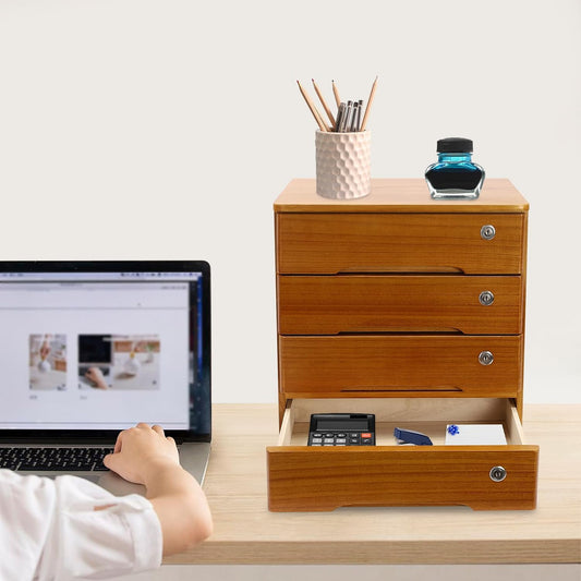 Wood Desk Organizer with 4 Drawers, Lockable Desktop Countertop Storage Cabinet for Home Office Supplies File Tabletop Storage Box, 15.75" x 11.02" x 15.94" (Brown)
