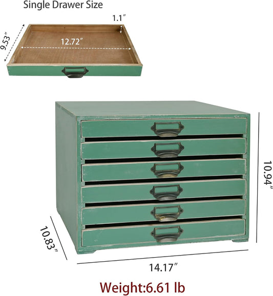 Wooden Desktop Organizer Cabinet with 6-Drawer Rustic Wood Shelf Drawer Antique Card Catalog Cabinet Distressed Decor Jewelry Cosmetics Craft Paper Storage Box for Home Office (Green)