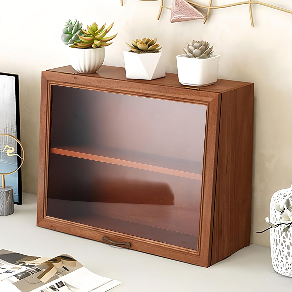 Wooden Display Cabinet with Glass Doors | Freestanding Curio Cabinet for Collectibles & Mini Figures | Desktop Organizer with Display Case for Cosmetics, Jewelry, Pastries & Po p Figures