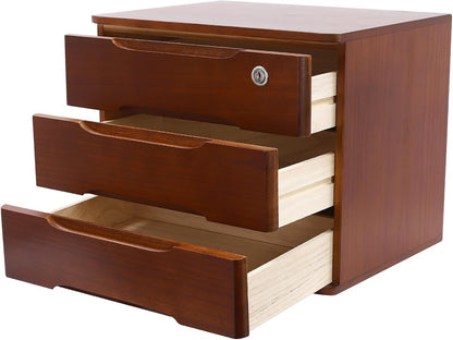 Wood Desk Organizer with 3 Drawers, Lockable Desktop Countertop Storage Cabinet for Home Office Supplies File Tabletop Storage Box, 15.35" x 11.81" x 12.2" (Dark Brown)