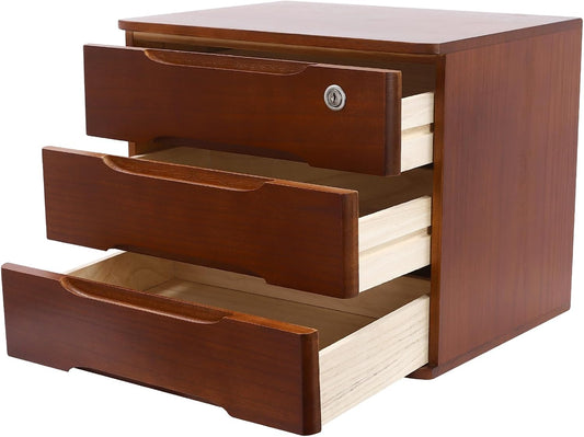 Wood Desk Organizer with 3 Drawers, Lockable Desktop Countertop Storage Cabinet for Home Office Supplies File Tabletop Storage Box, 15.35" x 11.81" x 12.2" (Dark Brown)