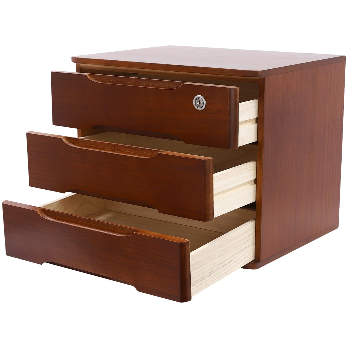 Wood Desk Organizer with 3 Drawers, Lockable Desktop Countertop Storage Cabinet for Home Office Supplies File Tabletop Storage Box, 15.35" x 11.81" x 12.2" (Dark Brown)