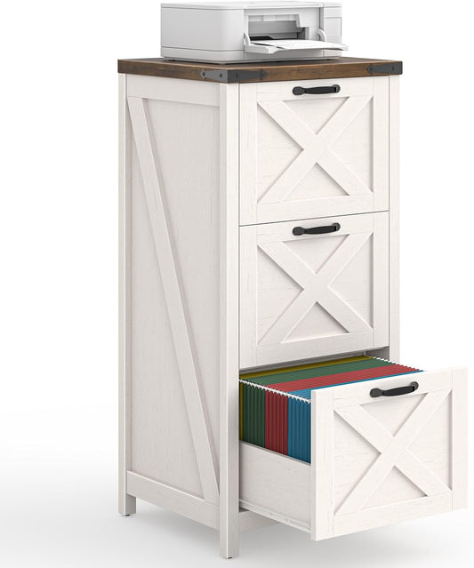 Tall Farmhouse File Cabinet with 3 Drawers for Home Office, White and Brown
