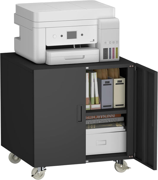 Metal File Cabinet with Wheels, Rolling Printer Station for Home Office, Heavy Duty Storage Cabinet with Adjustable Shelf, Large Office Mobile Cabinet for Fax, Scanner, Copier, Black