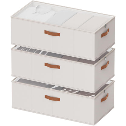 10inch 3 Pack Under Bed Storage Containers, 10 Inch Tall Underbed Clothes Storage Organizer Bin with Clear Window，Foldable Box Basket for Clothes, Closet, Bed Sheets and Blankets Beige