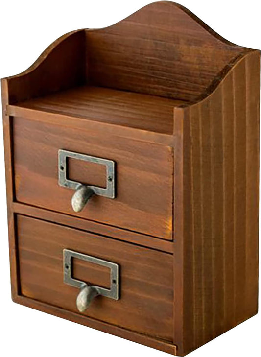 Mini Vintage 2 Drawer Desktop Organizer - Rustic Card Catalog with Label Holders - Small Chest for Organization - Library Box - Wood Table Cabinet Top Vertical Storage Bin