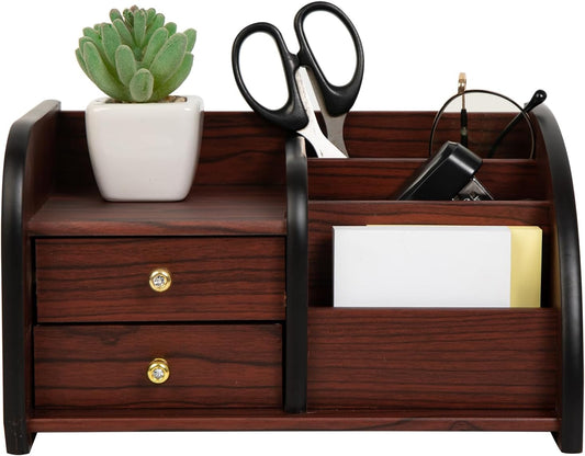 Cherry Brown Wood Desktop Organizer – Multiple Compartments with 2 Drawers & Stepped Racks – Tabletop Storage Cabinet for Office Supplies, Stationery, and Home Accessories