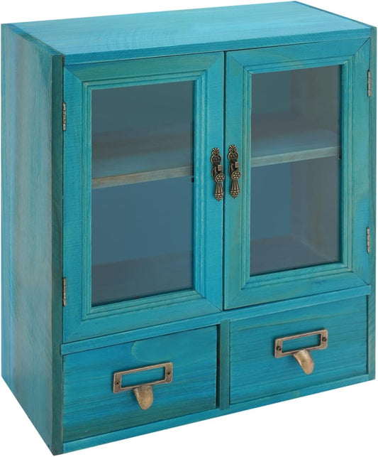 Rustic Vintage Mini Pine Counter Top Cabinet,Wooden Desktop Storage Cabinet with 2 Doors & 2 Drawers,Antique Apothecary Spice Cabinet for Kitchen,Bathroom,Office Organization & Storage (Blue)