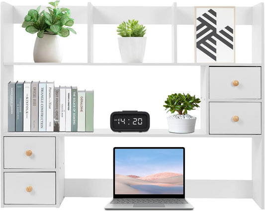 Desk Hutch Top Only, Desktop Hutch with 8 Shelves & 4 Drawers, Vanity Desk with Hutch, Extendable Small Desk Shelf for Top of Desk, Desktop Bookcase Bookshelf for Home Office