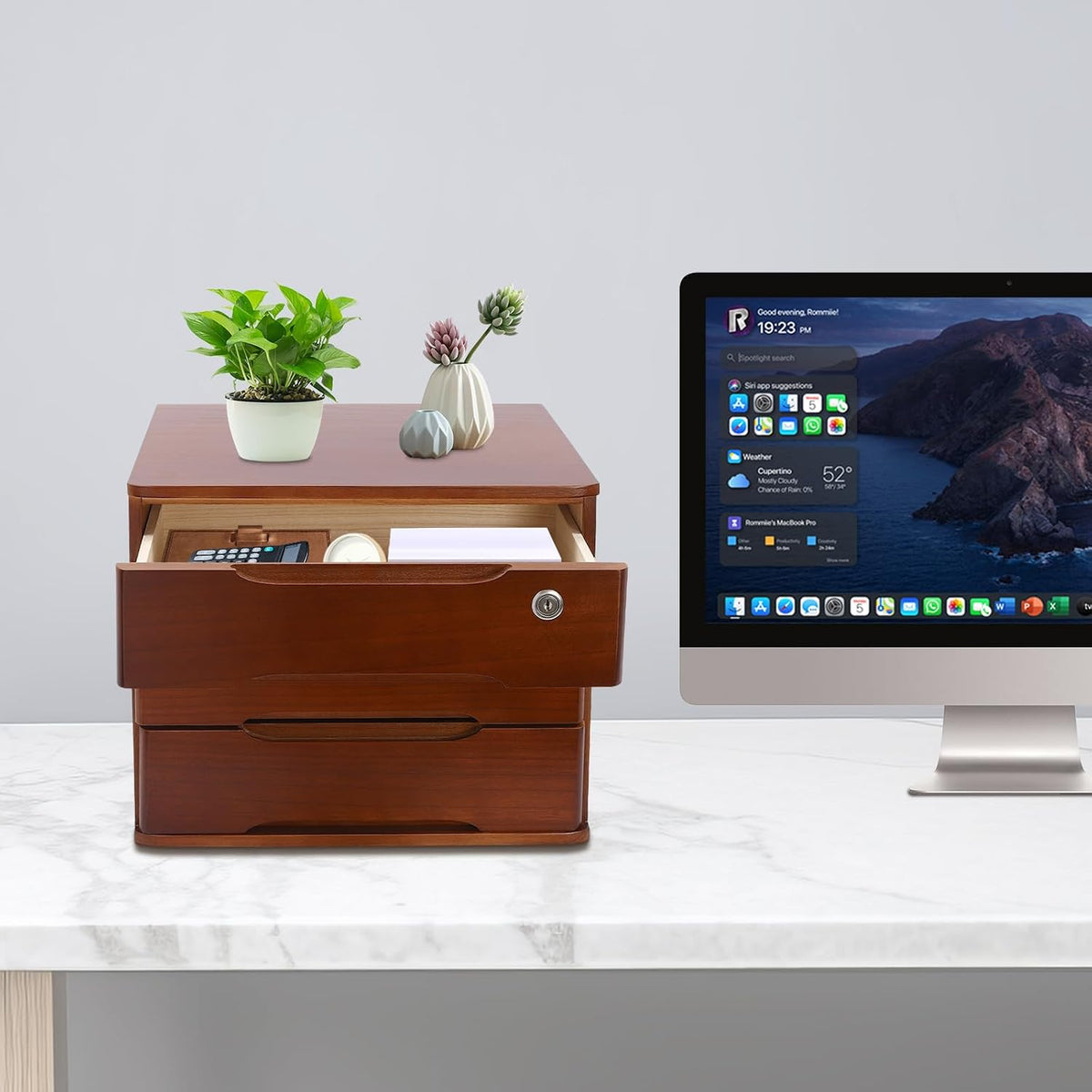 Wood Desk Organizer with 3 Drawers, Lockable Desktop Countertop Storage Cabinet for Home Office Supplies File Tabletop Storage Box, 15.35" x 11.81" x 12.2" (Dark Brown)