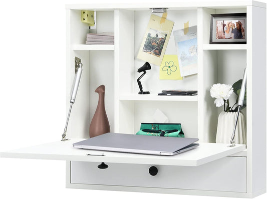 COSTWAY Wall-Mounted Computer Desk, Floating Desk with Storage Drawer & Shelves, Fold-up Desktop & Pneumatic Springs, Ideal for Home, Office, Dormitory, Small Spaces (White)