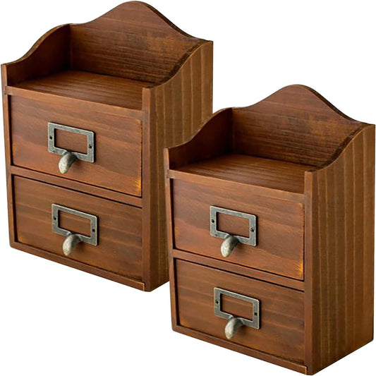 Mini Vintage 2 Drawer Desktop Organizer - Rustic Card Catalog with Label Holders - Small Chest for Storage and Organization - Library Box - 2-Pack