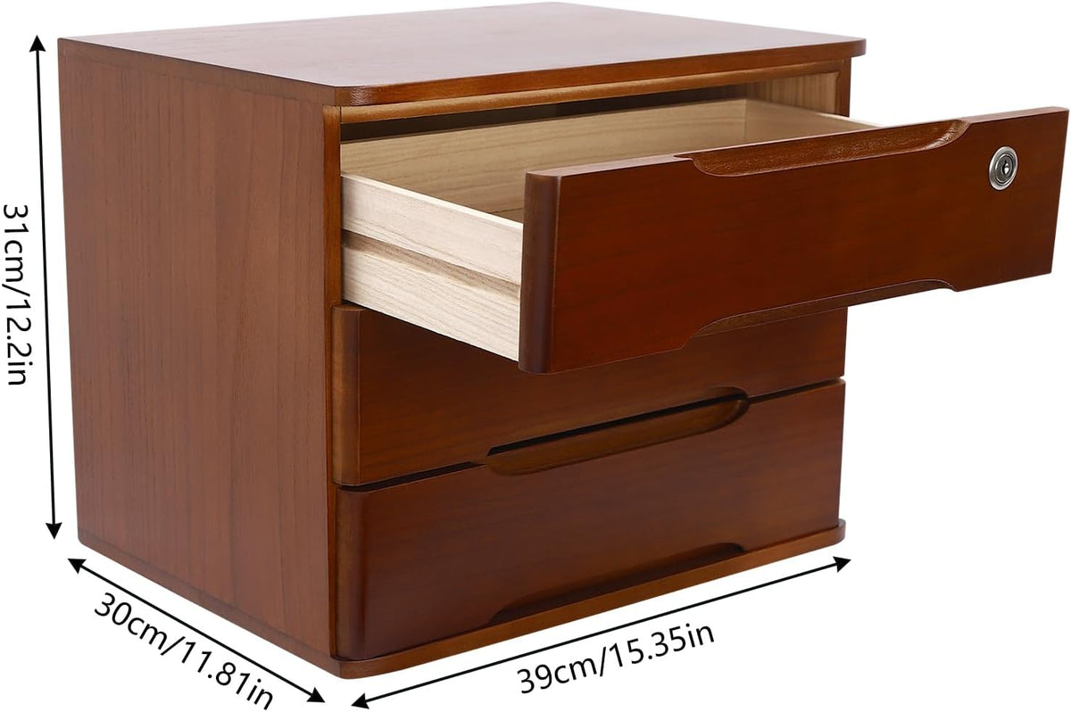 Wood Desk Organizer with 3 Drawers, Lockable Desktop Countertop Storage Cabinet for Home Office Supplies File Tabletop Storage Box, 15.35" x 11.81" x 12.2" (Dark Brown)