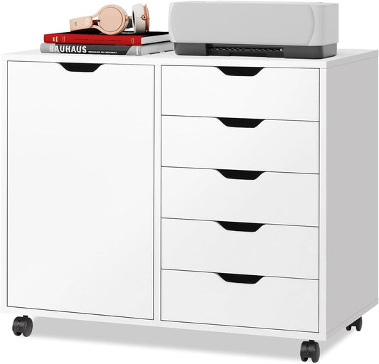 DEVAISE 5-Drawer Wood Drawer Cabinet, Office Storage Cabinet, White