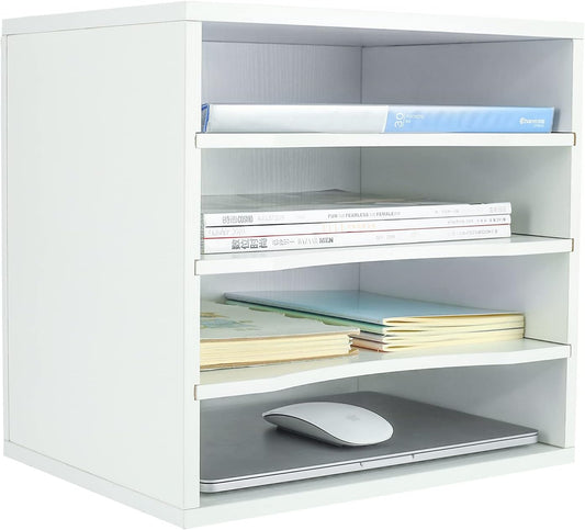 PAG-Mass Mail Sorter Organizer, Wood Countertop Literature Organizer, Office Supplies Desktop File Bill Paper Organizer for Office Home School, 4 Compartments, White