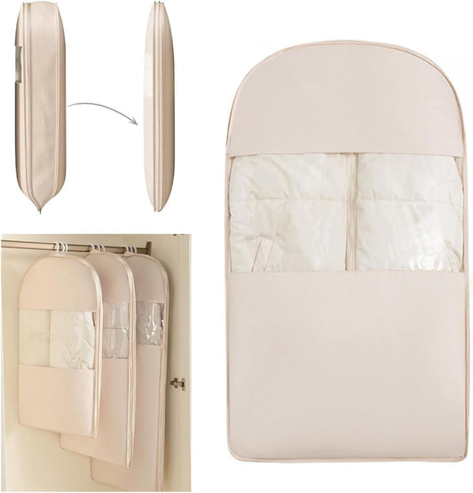 Space Saving Hanging Compression Garment Bag with Zipper for Closet Storage, Hanging Clothes Storage Bag, Garment Covers for Coats and Down Jackets, Beige, M