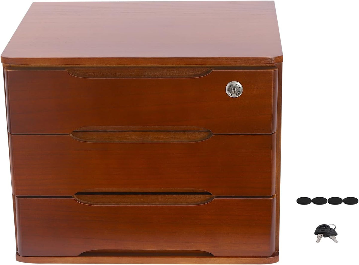 Wood Desk Organizer with 3 Drawers, Lockable Desktop Countertop Storage Cabinet for Home Office Supplies File Tabletop Storage Box, 15.35" x 11.81" x 12.2" (Dark Brown)
