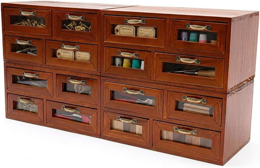 4-Pack Wooden Desktop Organizer, 16-Drawer Stackable Storage Cabinet –Brown