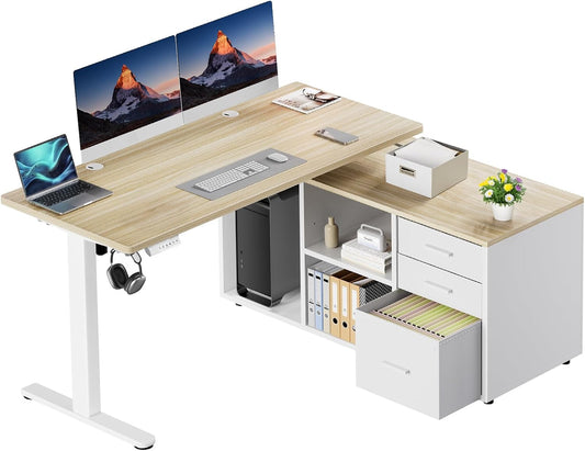 HUANUO 55″ L Shaped Standing Desk with Storage Drawers, Light Walnut
