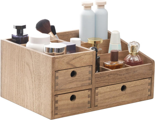 KIRIGEN Wooden Makeup Organizer with 3 Drawers, Cosmetic Storage, Brown