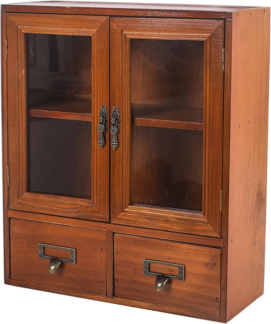 Narrow Vintage Pine Apothecary Cabinet 2 Doors 2 Drawers Brown