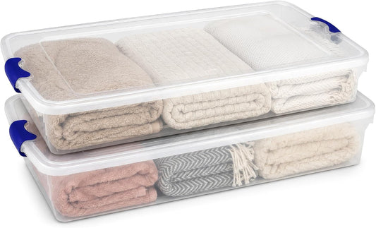 HOMZ Under Bed Clear Plastic Storage Bin w/Lid, 60 Qt, Blue Latch, 2 Pack