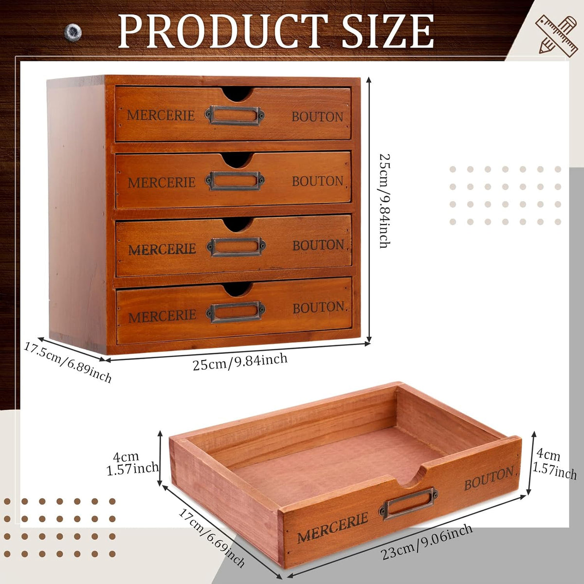 Wesiti Wooden Desk Organizer, 4 Drawers, Vintage Makeup Cabinet, Brown