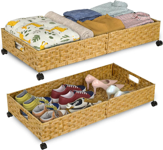 Under Bed Storage Containers with Wheels, 31.5” Large Handwoven Rattan Rolling UnderBed Storage Bins, Tool-free Assembly Natural Under The Bed Organizer Drawers for Bedroom, Sheets Clothes Blankets