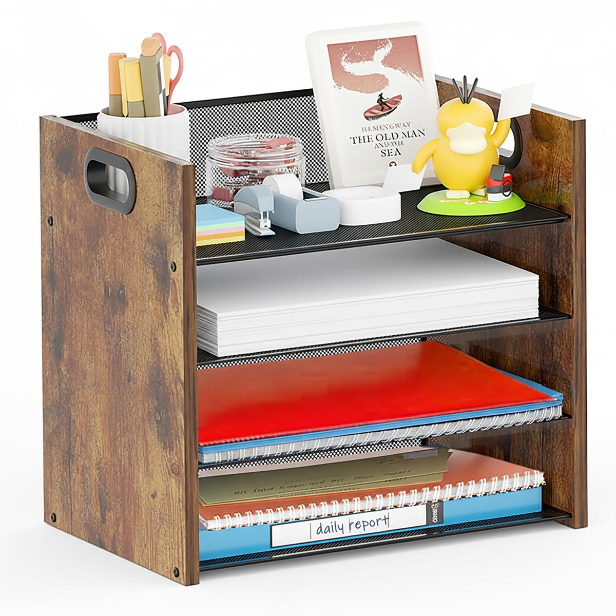 Wood Desk Organizer - 3-Tier Desktop File Organizer with Drawer, Wooden Paper Tray, Office Desk Organzier and Accessories for Papers, Mail, Notebooks, Stationery