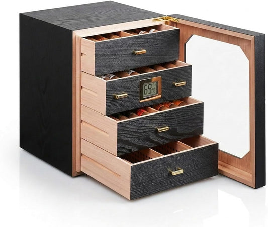 Epress Cigar Humidor Cabinet, 150 Count Desktop Cigar Storage Box with 4 Removable Spanish Cedar Drawers, Digital Hygrometer, Humidifier, Magnetic Seal Display Door, Black