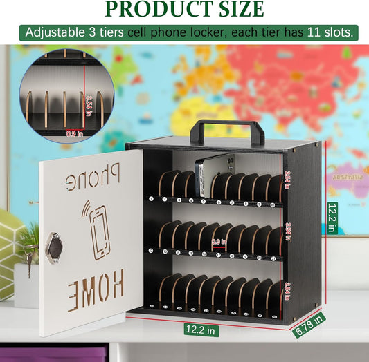 Wooden Phone Lock Box,Adjustable 33 Slots Cell Phone Holder Classroom
