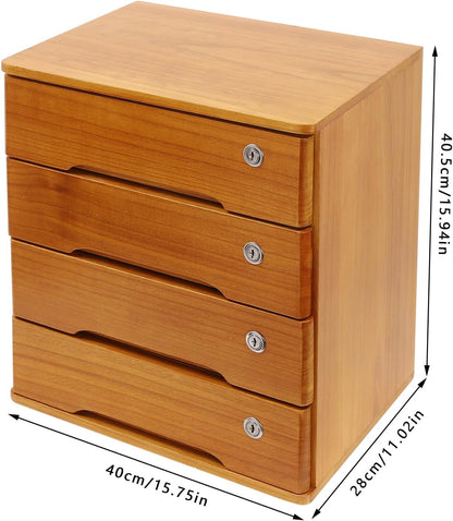 Wood Desk Organizer with 4 Drawers, Lockable Desktop Countertop Storage Cabinet for Home Office Supplies File Tabletop Storage Box, 15.75" x 11.02" x 15.94" (Brown)