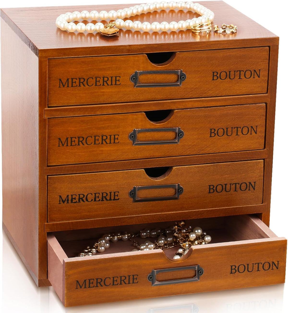 Wesiti Wooden Desk Organizer, 4 Drawers, Vintage Makeup Cabinet, Brown
