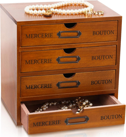 Wesiti Wooden Desk Organizer, 4 Drawers, Vintage Makeup Cabinet, Brown