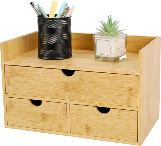 Charmewooden Bamboo Desk Organizer With Drawers Countertop Drawers Counter Storage Box Corner Desk Organizer for Home Office No Assembly Required
