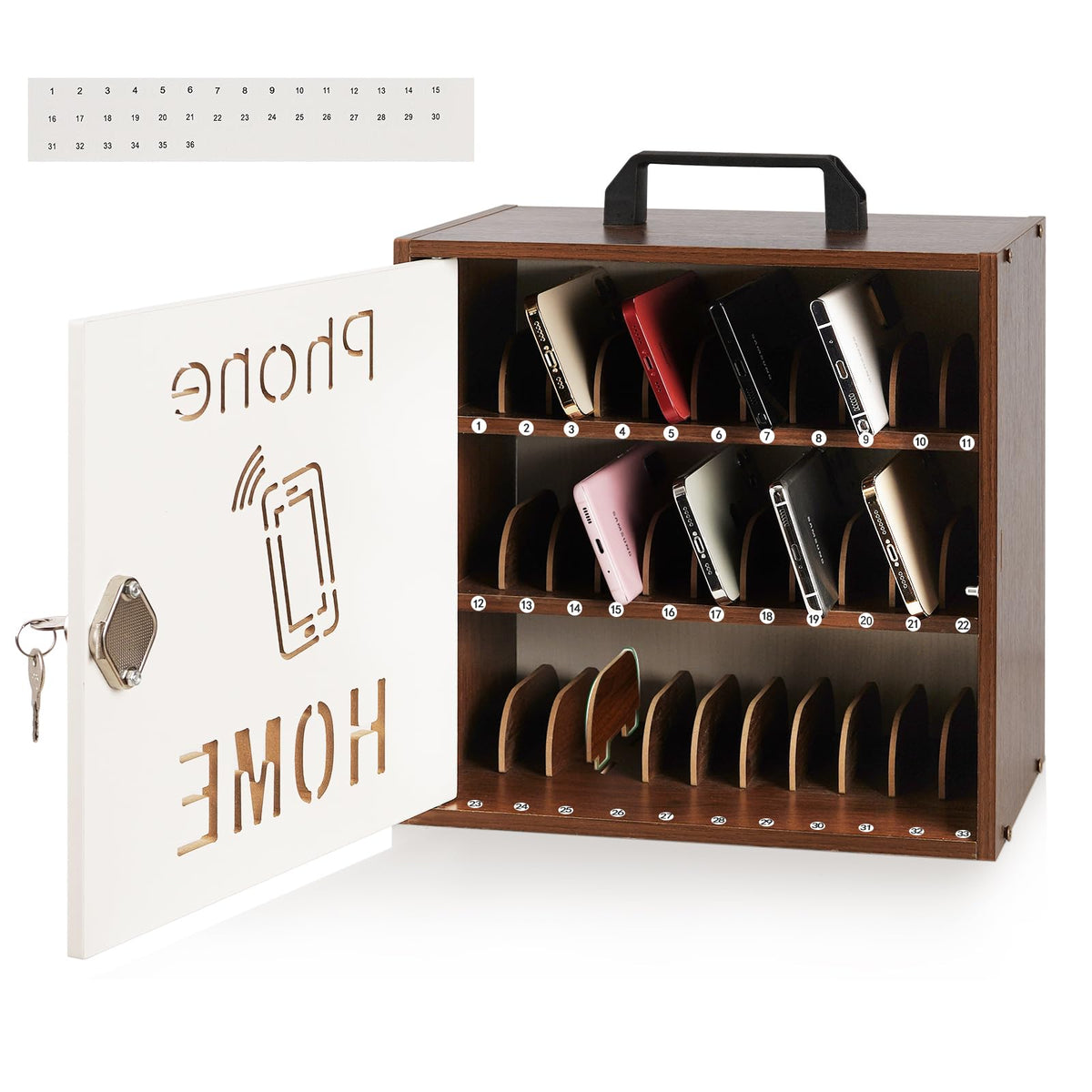 Wooden Phone Lock Box,Adjustable 33 Slots Cell Phone Holder Classroom