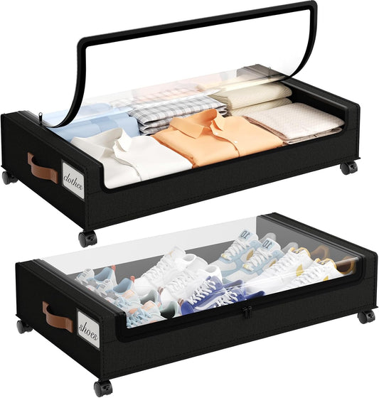 Yecaye 60L Under Bed Storage with Wheels, 2 Pack, Black