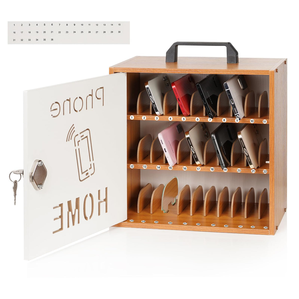 Wooden Phone Lock Box,Adjustable 33 Slots Cell Phone Holder Classroom