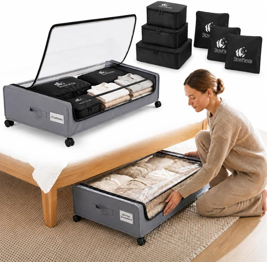 60L Under Bed Storage with Wheels, With 6 Travel Bags, 2-Pack, Light Gray