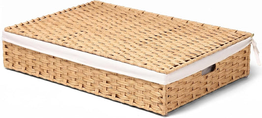 Under Bed Storage with Lid, Hand Woven Underbed Storage Basket for Bedroom, Large Underbed Storage Basket, Wicker Bed Storage Bin (PE Rattan, 60L
