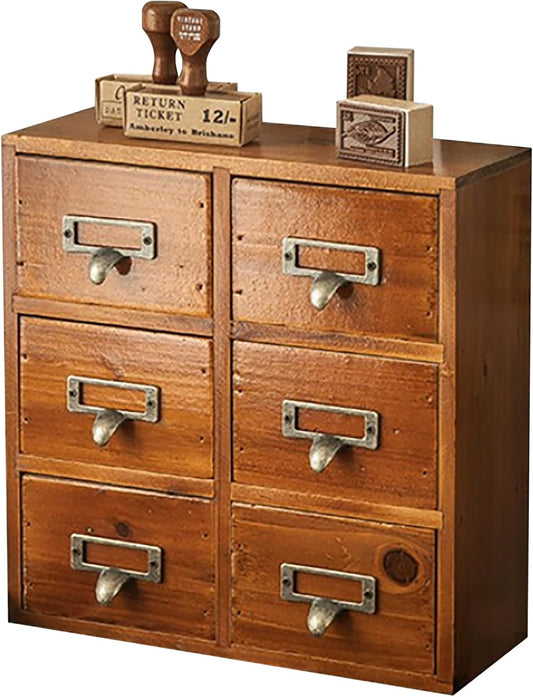 Vintage Card Catalog Drawers for Desktop - 6-Drawer Mini Wood Desktop Cabinet for Office Study Table - Solid Wood Storage Drawers for Table - Mahogany Wood Organizer Cabinet Drawers, Fully Assembled