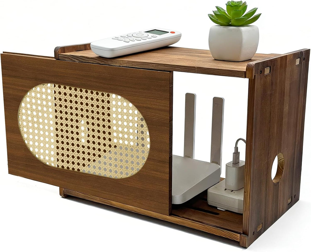 Wooden Wi-Fi Router Box Hider, Rattan Tabletop Cable Management Cabinet to Hide Modem & Cords, Fits Routers up to 11" H, Easy Assembly, 16"x10.4"x12"