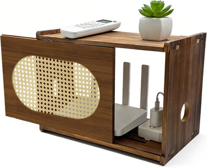 Wooden Wi-Fi Router Box Hider, Rattan Tabletop Cable Management Cabinet to Hide Modem & Cords, Fits Routers up to 11" H, Easy Assembly, 16"x10.4"x12"