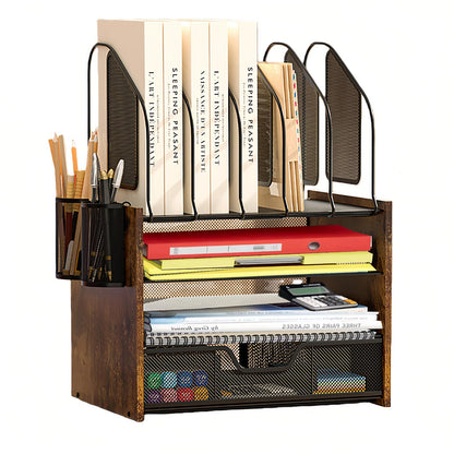 Wood Desk Organizer - 3-Tier Desktop File Organizer with Drawer, Wooden Paper Tray, Office Desk Organzier and Accessories for Papers, Mail, Notebooks, Stationery