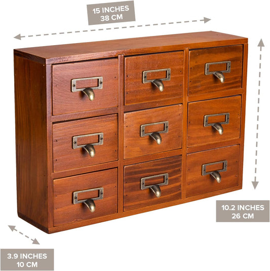 Wooden Drawer Organizer for Desktop - Vintage Apothecary Cabinet w/ 9 Drawers - Wood Desk Organizer - Home Office Desk Organizers and Accessories - Tabletop Chest of Drawers for Bedroom Organization