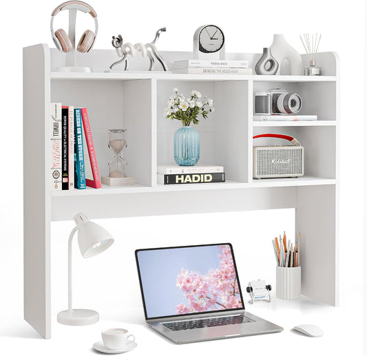 SUPER DEAL Desktop Bookshelf, Countertop Storage Hutch with 4 Shelves for Computer Desk, 2-Tier Display Rack, Multipurpose Wood Desk Hutch Storage Organizer for Home Office Dorm, White