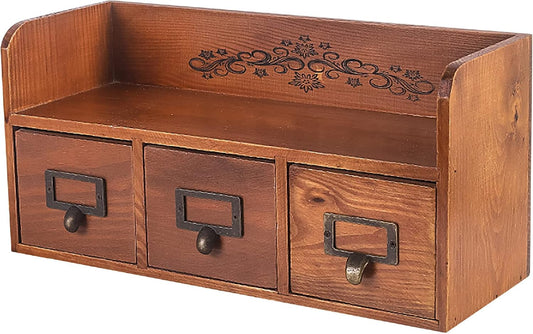 Vintage Farmhouse Wooden Desktop Cabinet with 3 Drawers - Mahogany Wood Drawer Organizer Box Display Stand - Office Study Table Storage Drawers - Tabletop Display Organizer Cabinet