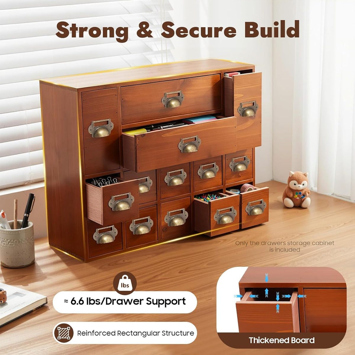 14 Drawers Apothecary Drawers Card Catalog Cabinet,Wooden Storage Box with Drawers,Library Card Catalog Cabinet for Desktop Organizer,Brown